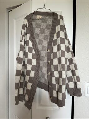 BiBi Taupe and Cream Checkered Button Cardigan